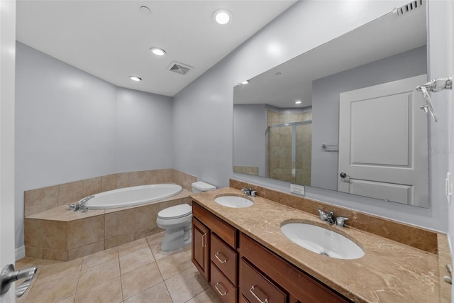 full bathroom featuring tile patterned flooring, vanity, toilet, and separate shower and tub
