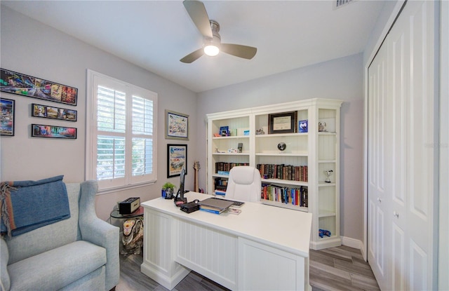 office featuring light wood finished floors, a ceiling fan, and baseboards