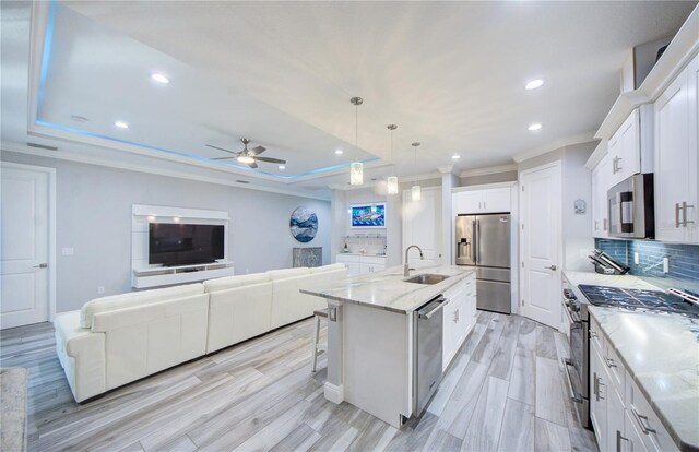 kitchen featuring a tray ceiling, stainless steel appliances, backsplash, open floor plan, and a sink