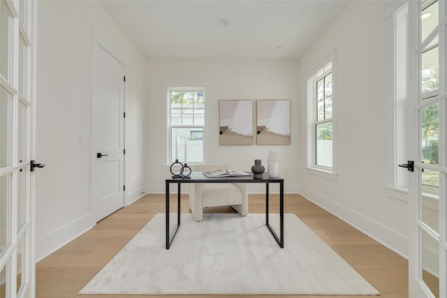 office space with a wealth of natural light, light wood-type flooring, and french doors