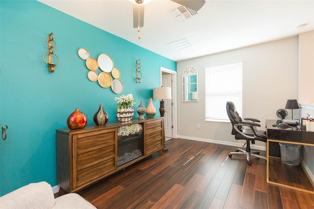 office space with dark hardwood / wood-style floors and ceiling fan