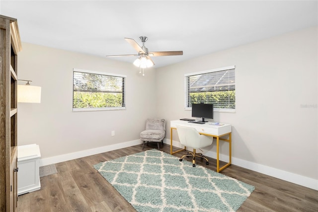 office space featuring ceiling fan and wood-type flooring