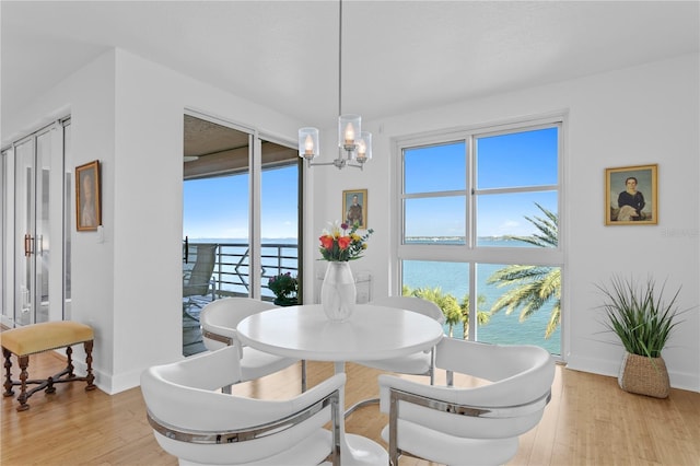 dining space with a water view, a chandelier, and light hardwood / wood-style floors