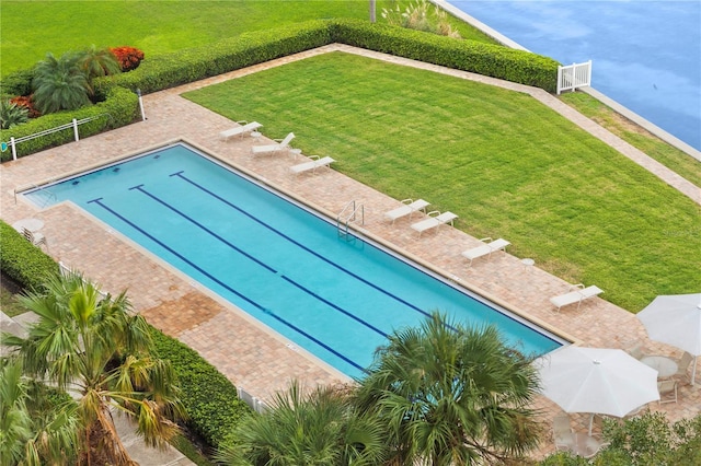 view of pool with a yard and a patio area