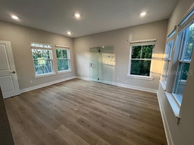 unfurnished bedroom with multiple windows and dark wood-type flooring