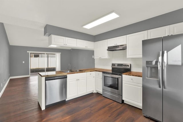 kitchen with a peninsula, stainless steel appliances, under cabinet range hood, white cabinetry, and a sink