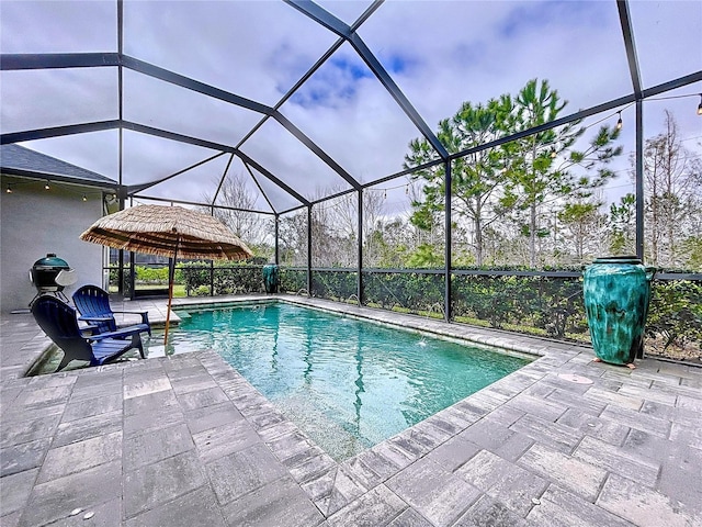 outdoor pool featuring a lanai and a patio area