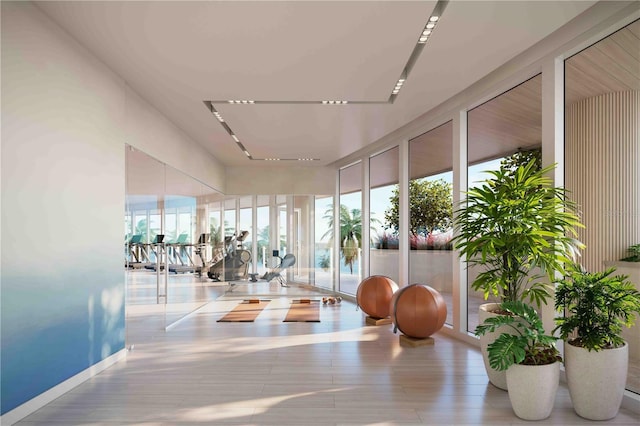 workout area featuring hardwood / wood-style floors