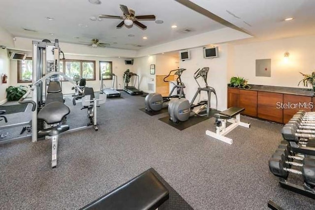 workout area featuring electric panel and ceiling fan