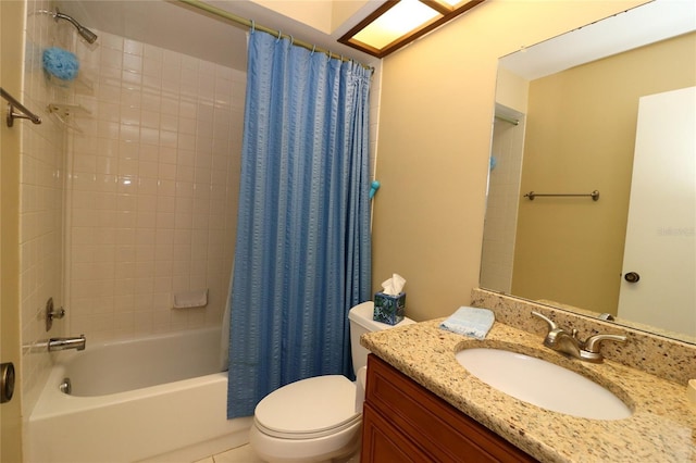 full bathroom featuring shower / bathtub combination with curtain, vanity, and toilet