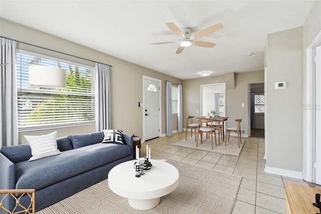 living room with ceiling fan and light tile patterned floors