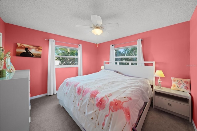 9911 Antilles Dr, Seminole, FL 33776 - carpeted bedroom featuring a textured ceiling, ceiling fan, multiple windows, and baseboards