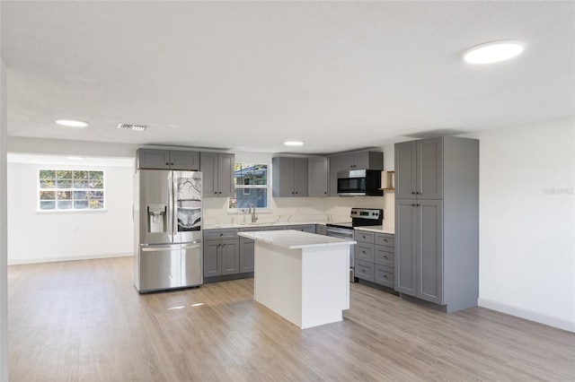 kitchen featuring stainless steel appliances, a kitchen island, a healthy amount of sunlight, and gray cabinetry