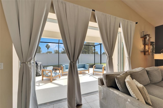 living room with lofted ceiling