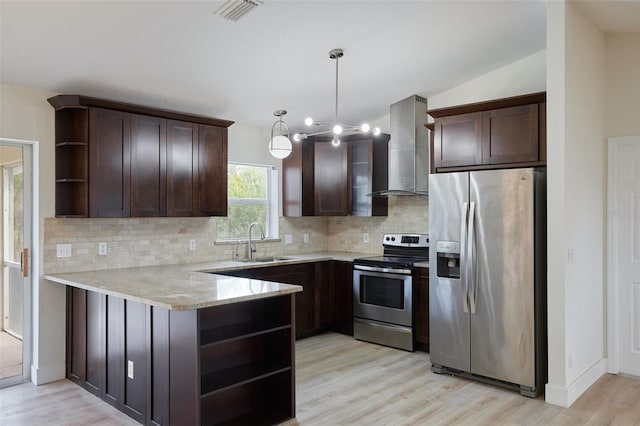 kitchen with sink, dark brown cabinets, kitchen peninsula, stainless steel appliances, and wall chimney range hood