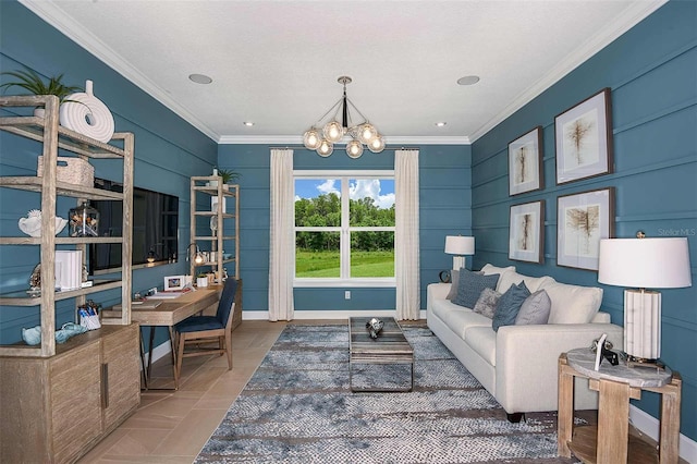 tiled living room with crown molding and an inviting chandelier