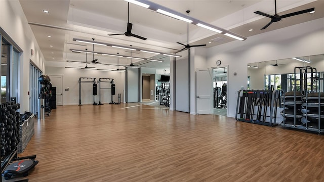 exercise room featuring hardwood / wood-style flooring, a high ceiling, and ceiling fan