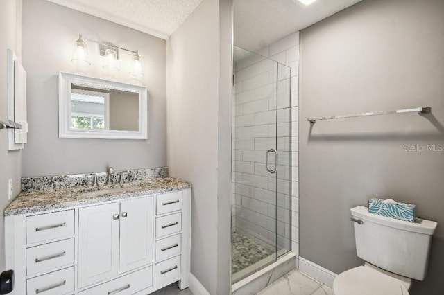 full bath featuring marble finish floor, toilet, a shower stall, vanity, and baseboards