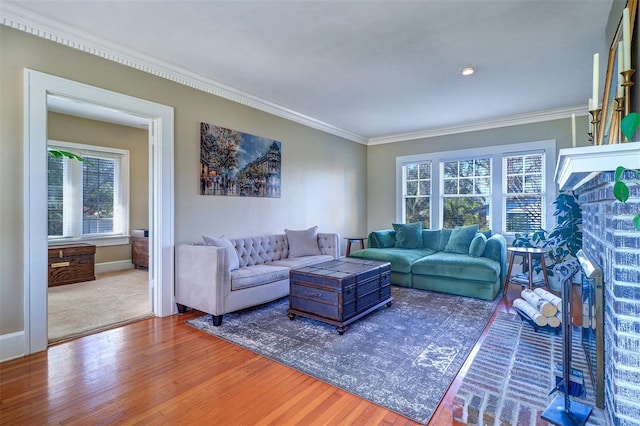 living room with crown molding and wood finished floors