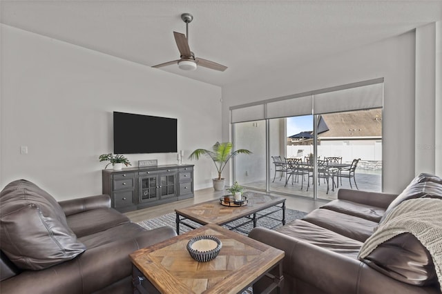 living room with hardwood / wood-style floors and ceiling fan