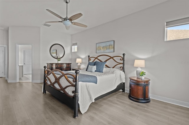 bedroom featuring light hardwood / wood-style flooring and ceiling fan