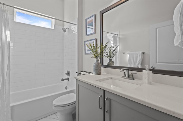 full bathroom with vanity, toilet, and shower / bathtub combination with curtain