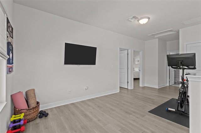 workout room featuring light hardwood / wood-style flooring