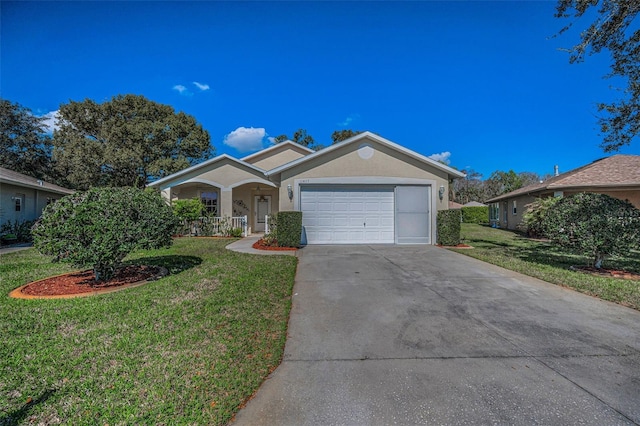 ranch-style house with a porch, a garage, driveway, stucco siding, and a front yard