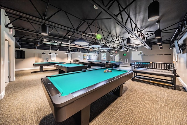 game room featuring carpet floors, billiards, and baseboards