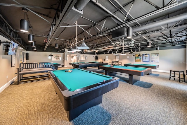 game room featuring carpet floors, billiards, and baseboards