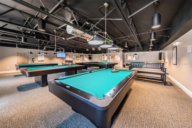 recreation room with pool table, carpet, and baseboards