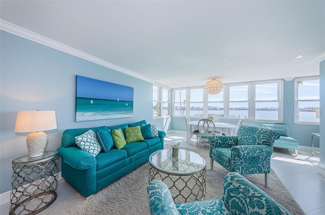 living area featuring baseboards and crown molding