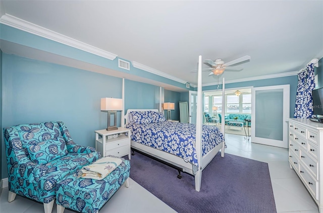 bedroom featuring light tile patterned floors, visible vents, a ceiling fan, and ornamental molding