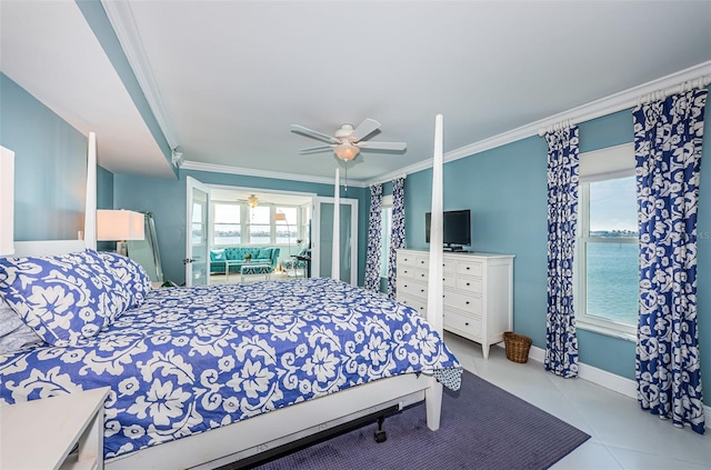 bedroom featuring crown molding, baseboards, and ceiling fan