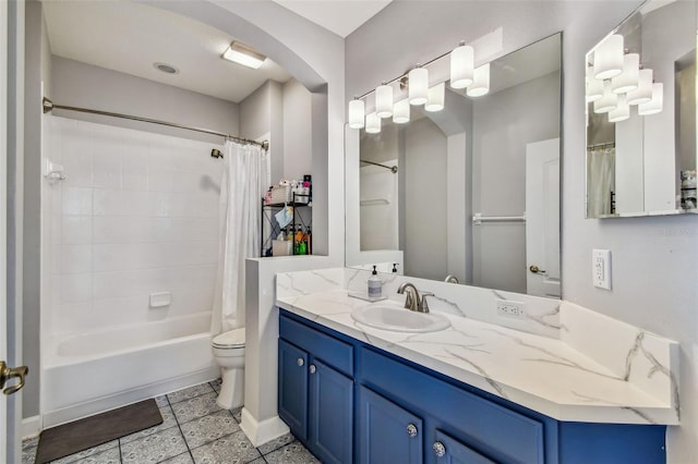 full bathroom featuring vanity, shower / bath combination with curtain, and toilet