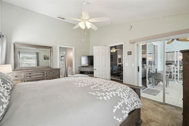 tiled bedroom featuring ceiling fan, high vaulted ceiling, and access to outside