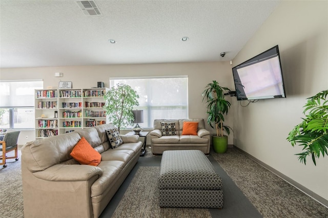 carpeted living room with a textured ceiling