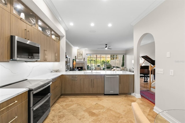 kitchen featuring sink, ornamental molding, appliances with stainless steel finishes, ceiling fan, and decorative backsplash