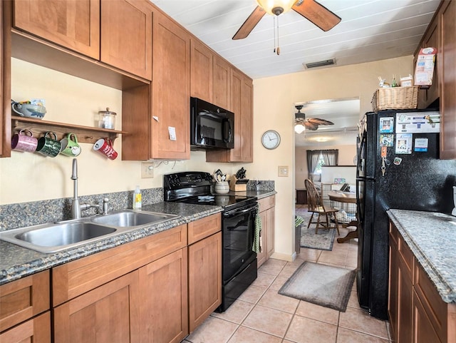 kitchen with ceiling fan, light tile patterned floors, sink, and black appliances