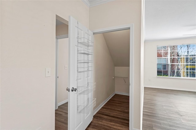 hall featuring baseboards, wood finished floors, and crown molding