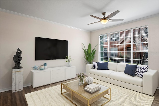 living room featuring a ceiling fan, wood finished floors, baseboards, and ornamental molding