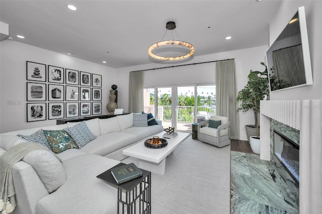 living room with a fireplace