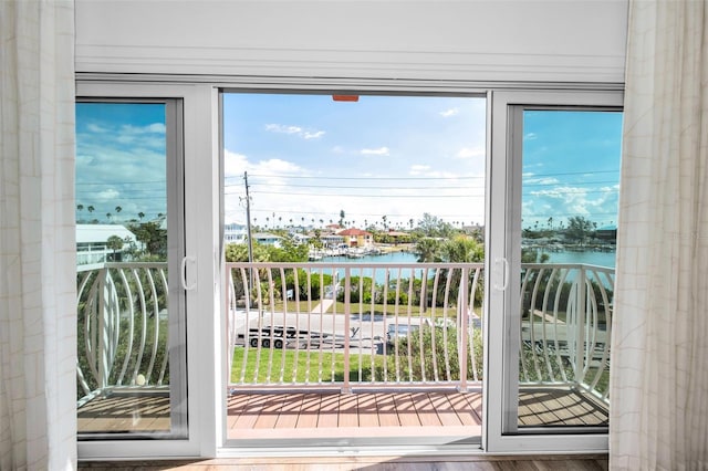 entryway with a wealth of natural light and a water view