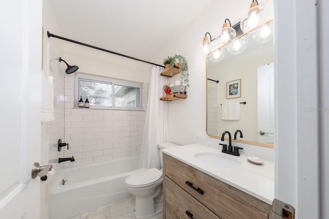 full bathroom with shower / tub combo, vanity, and toilet