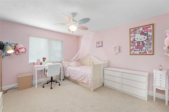 bedroom featuring carpet floors, ceiling fan, and baseboards