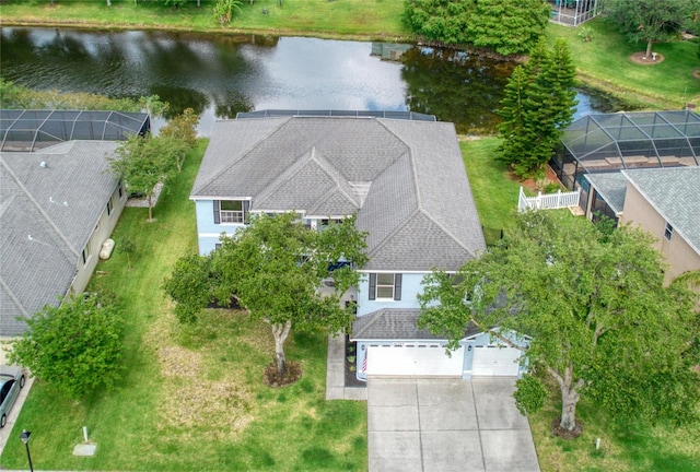 drone / aerial view with a water view