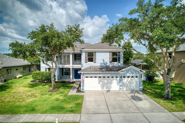 traditional home featuring a shingled roof, a front yard, a balcony, and driveway