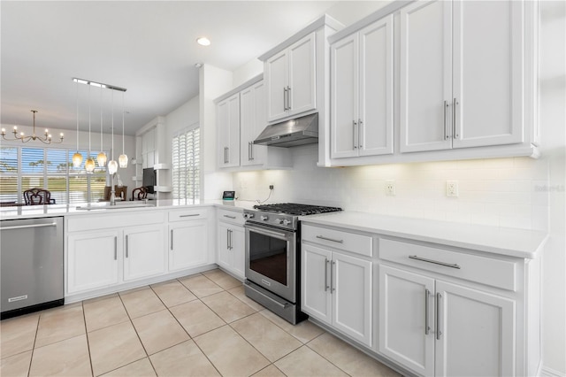 kitchen with sink, appliances with stainless steel finishes, white cabinetry, tasteful backsplash, and decorative light fixtures