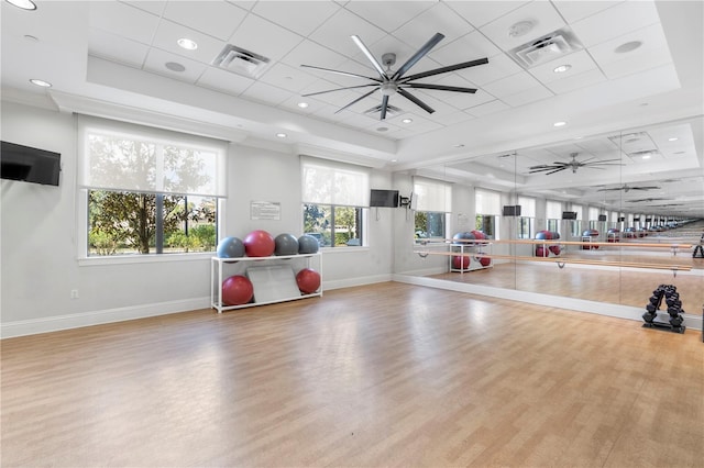 workout area featuring ceiling fan, a tray ceiling, a paneled ceiling, and light hardwood / wood-style flooring