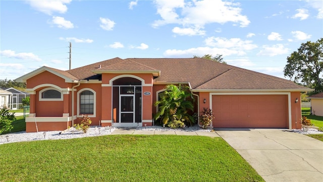 ranch-style home featuring a garage and a front lawn